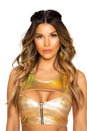 Holographic Zipper Crop Top