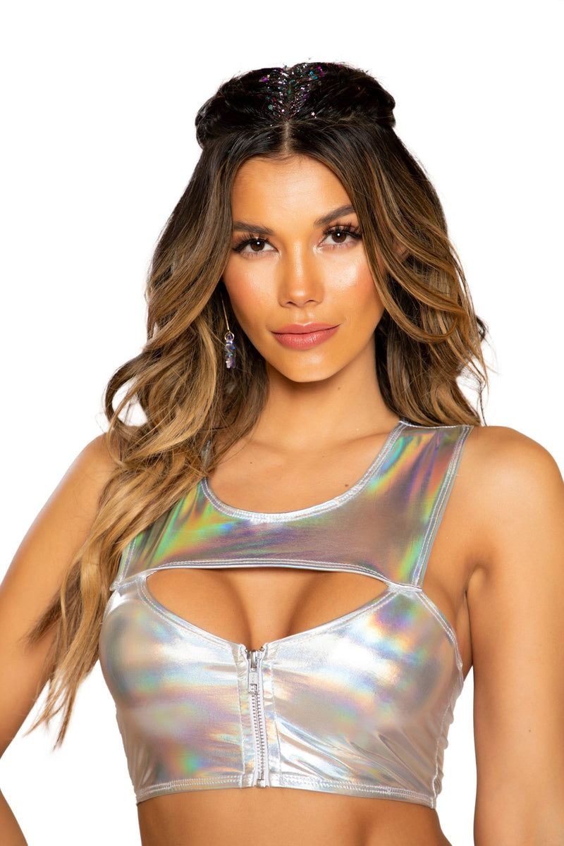 Holographic Zipper Crop Top